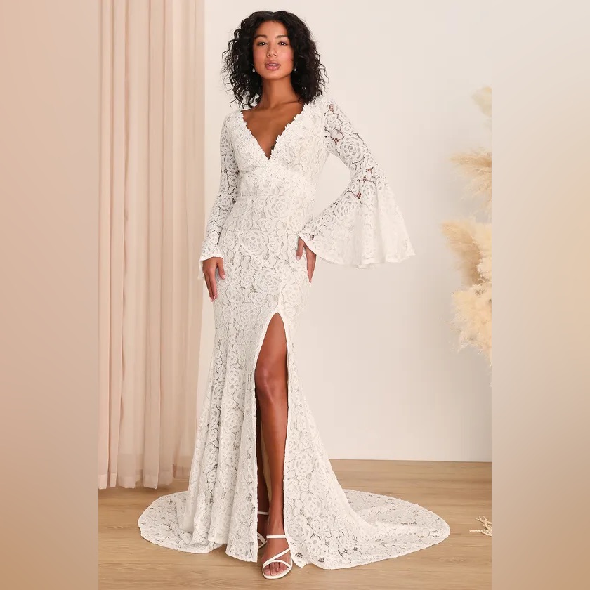 Lulus Duchess Ivory Lace Bell Sleeve Dress